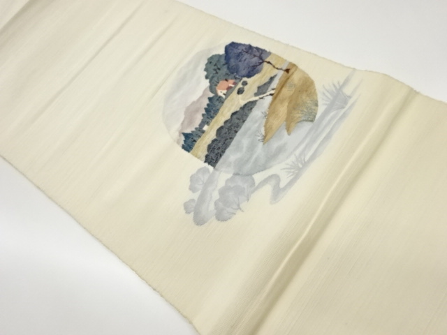 リサイクル　手織り紬民家風景模様織出し名古屋帯